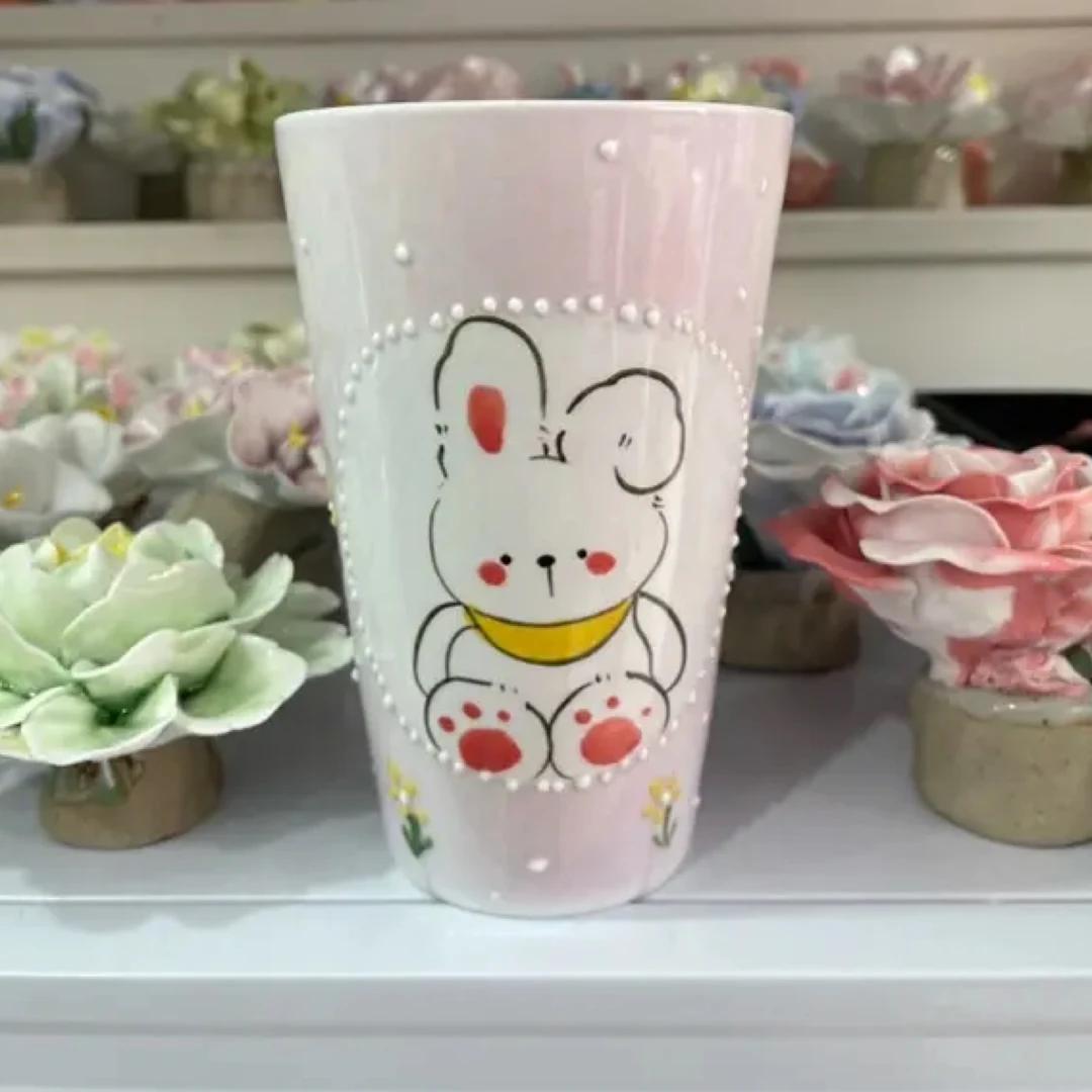 景德镇可爱手绘立体釉可乐咖啡牛奶杯带盖吸管