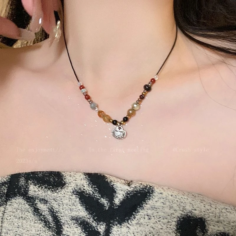 合金项链新中式平安锁串珠项链女ins高级设计感小众配饰富贵吉祥
