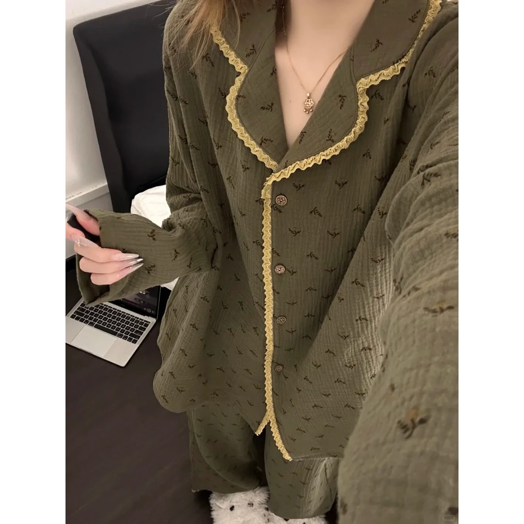 田园风甜美小碎花双层棉纱睡衣女秋季新款大码慵懒舒适家居服套装