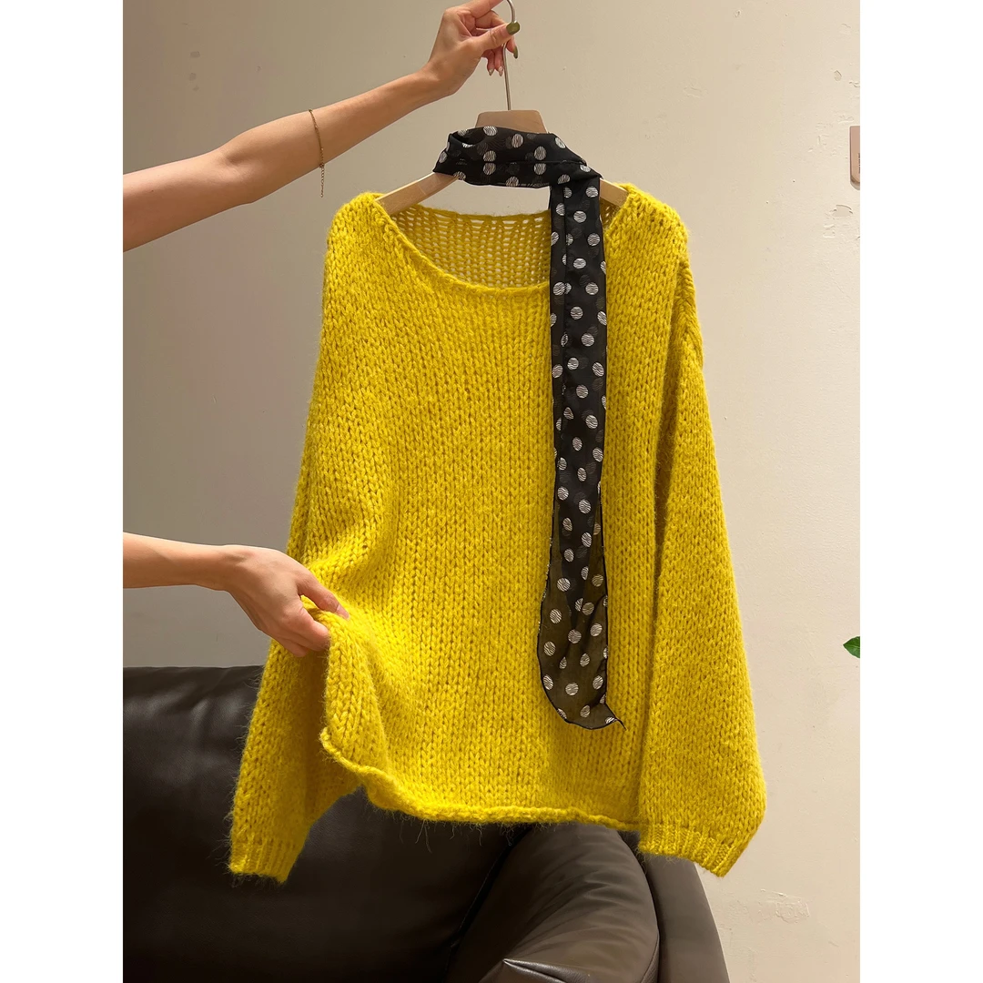 巨推荐，上身绝美！黄色慵懒风圆领镂空长袖针织毛衣女秋季宽松上衣