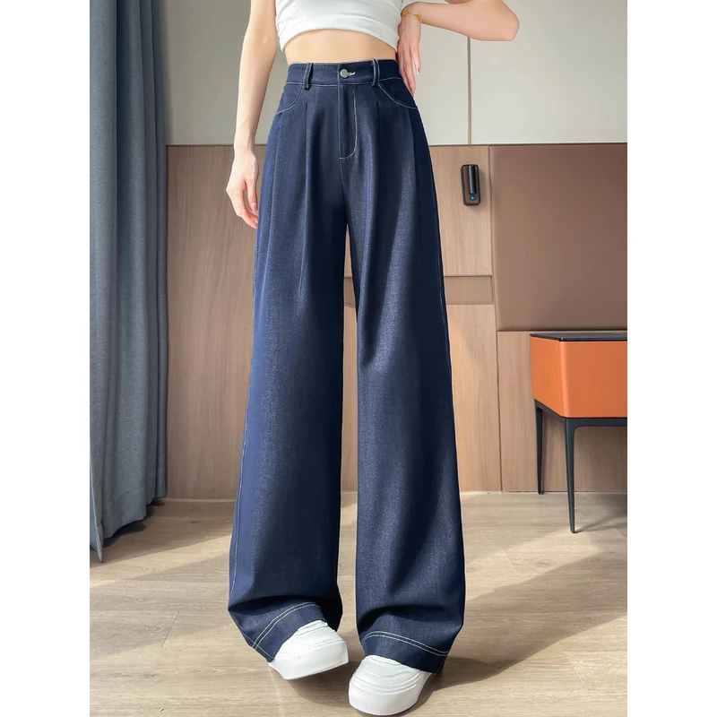 丹宁蓝冰丝阔腿牛仔裤女夏季薄款高腰垂感高个子加长窄版直筒裤子