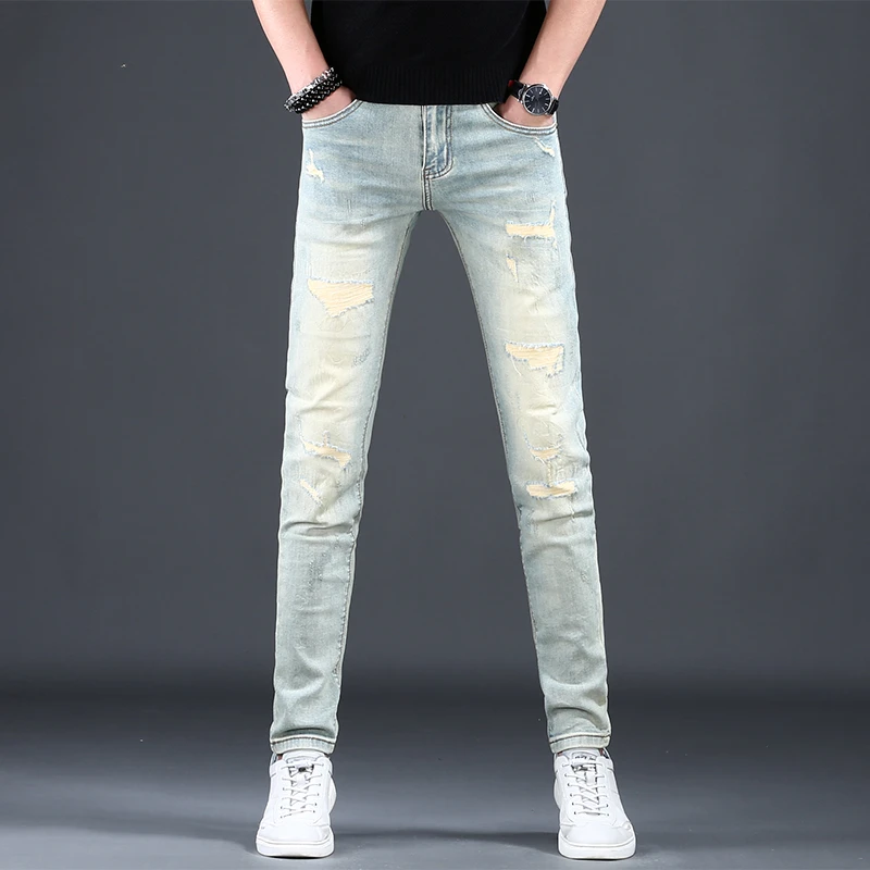 男士破洞牛仔裤2025春季新款潮牌弹力休闲百搭韩版修身小脚长裤子