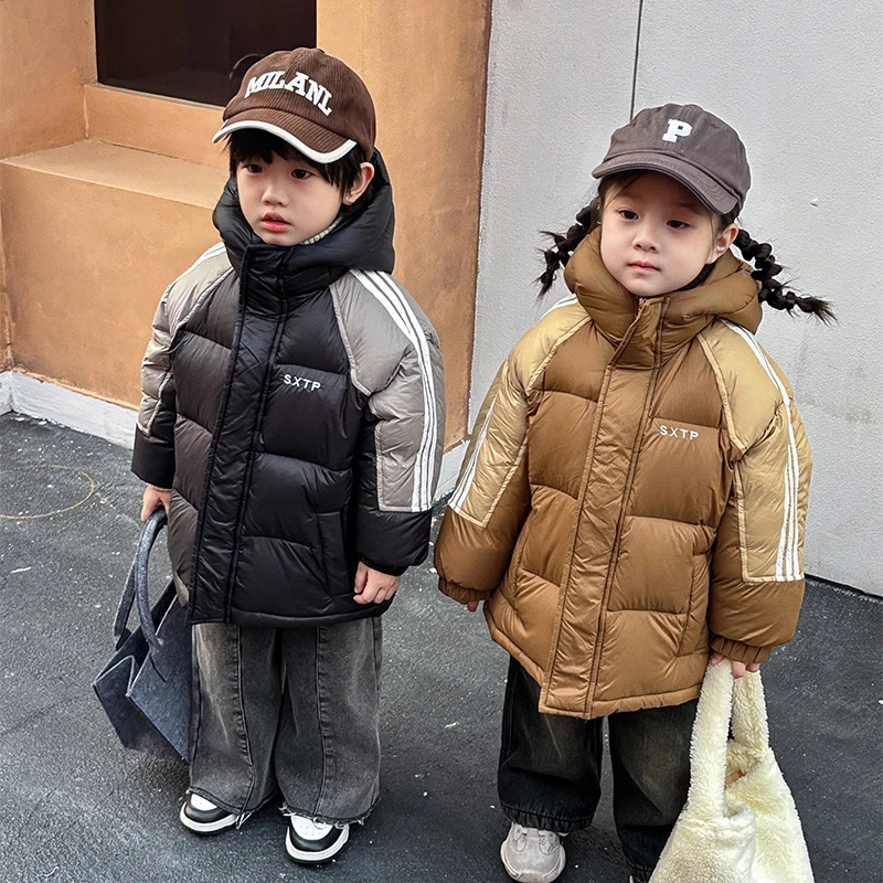 儿童羽绒服男童洋气2025新款韩版拼接网红白鸭绒冬装洋气女童外套