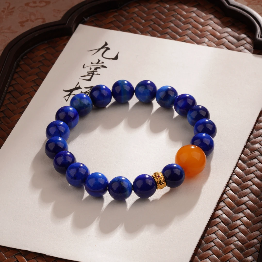 完胜—天然青金石单圈约10mm手串18k金镶嵌多样性发其一【JJ085】