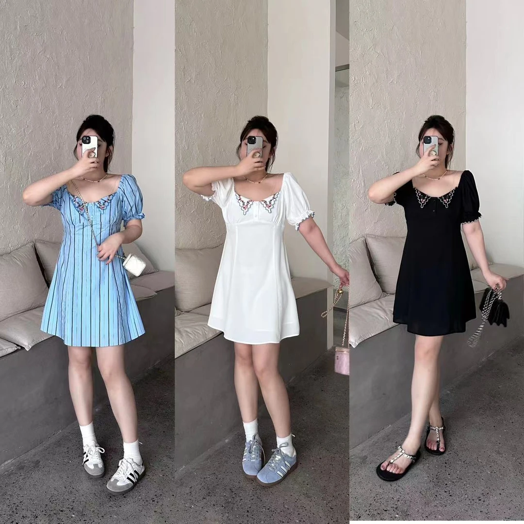 晶咕【邻家女孩】韩系泡泡袖绣花收腰A字裙显瘦时尚韩版法式