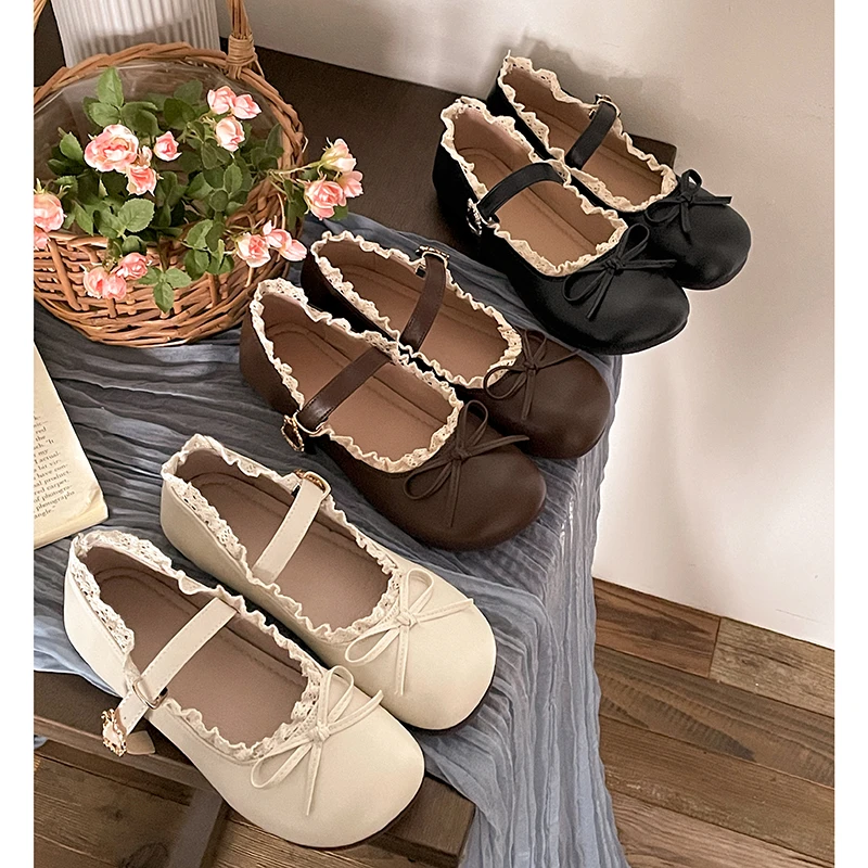 圆头复古蝴蝶结平底小皮鞋女2025新款春秋配裙子法式软底玛丽珍鞋