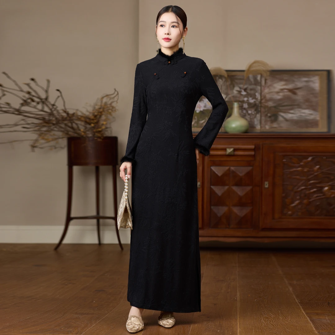 H368黑色针织国风新中式优雅连衣裙羊毛秋冬新款旗袍打底长裙女装