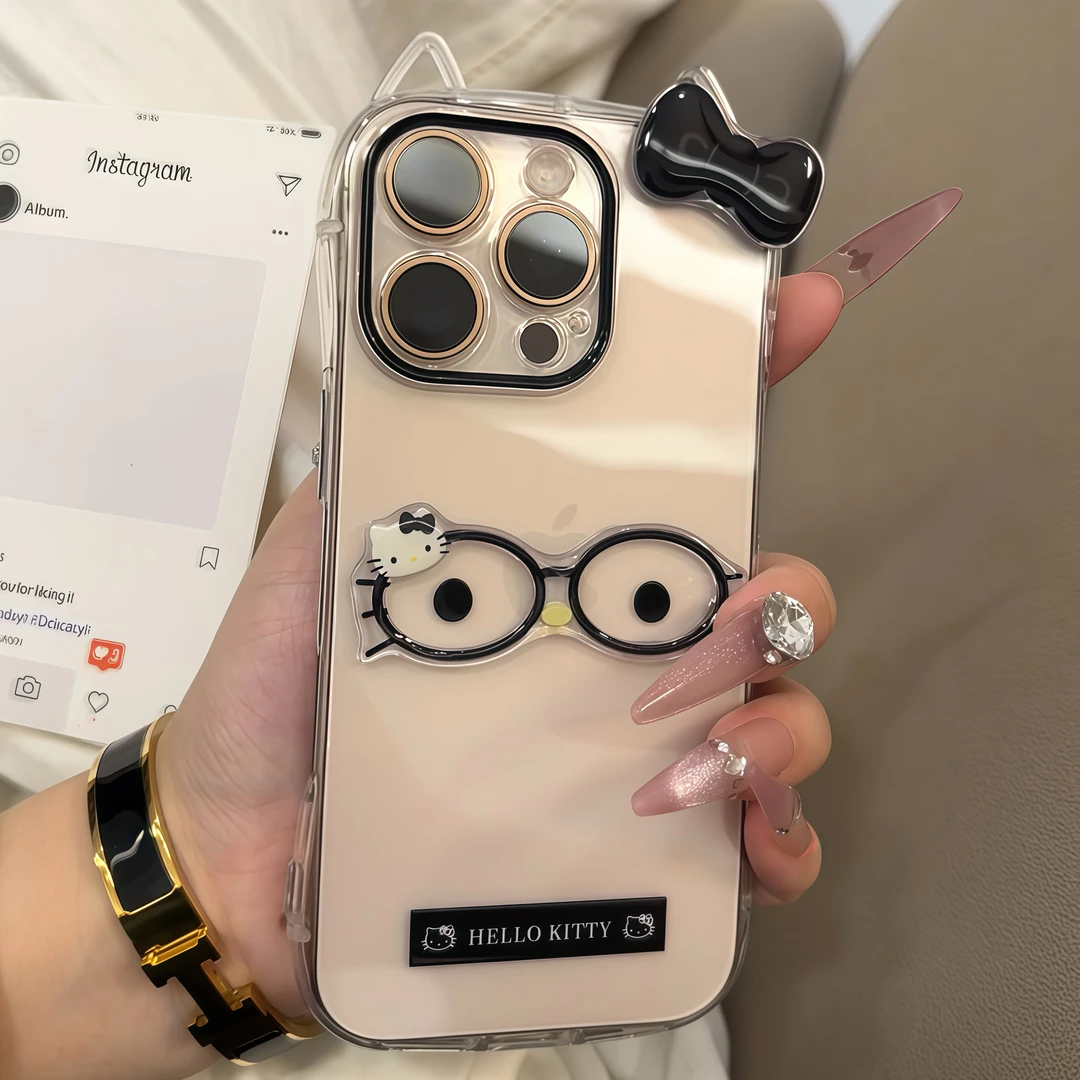 眼镜Kitty蝴蝶结适用苹果16promax手机壳iPhone15透明14猫耳朵13