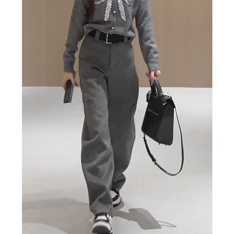 2025秋冬韩系百搭高腰直筒裤潮流韩版加厚垂感毛呢弯刀裤显瘦时尚