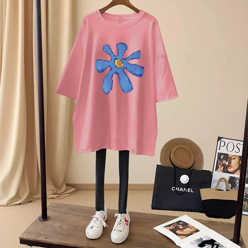 2025新款圆领短袖t恤女潮夏季中长款遮屁股宽松休闲大码粉色上衣