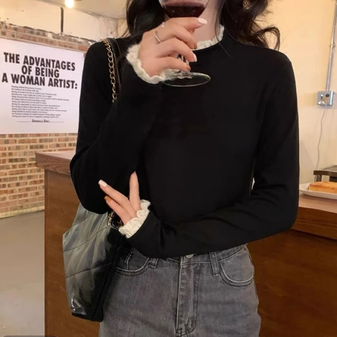 9001纯欲风长袖T恤女蕾丝边半高领打底衫德绒秋冬加厚内搭上衣
