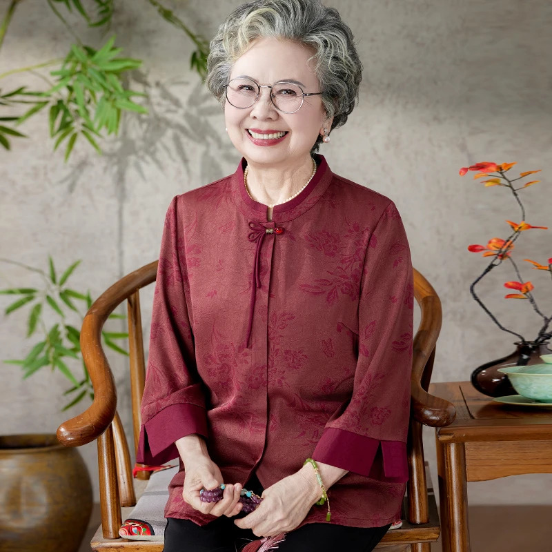 奶奶装夏季唐装衬衫七分袖中老年人妈妈夏装宽松衬衣国风太太衣服
