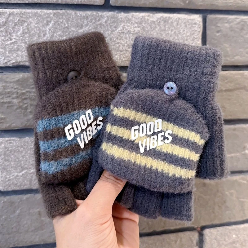 男童半指手套五指冬保暖男孩简约时尚分指半截中大童学生露指防寒