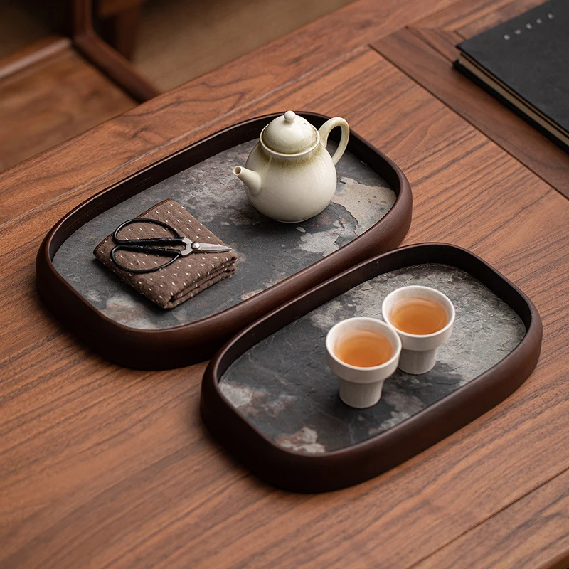 岩石面板椭圆托盘中式干泡盘家用功夫茶具托盘茶具收纳盘茶道配件