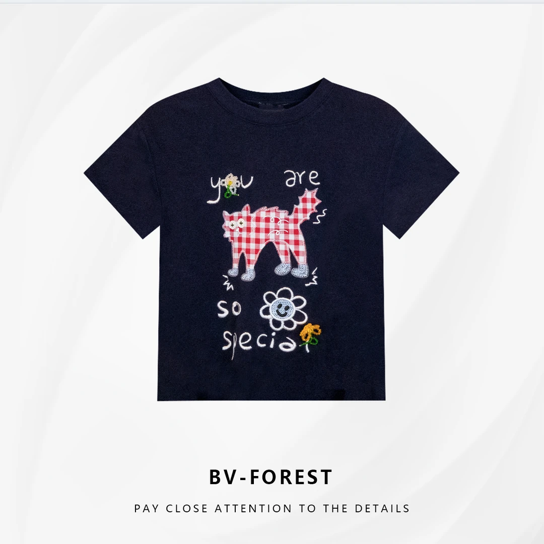 BV-FOREST“花开半夏”夏季新款修身显瘦刺绣圆领短袖T恤BV-T0152