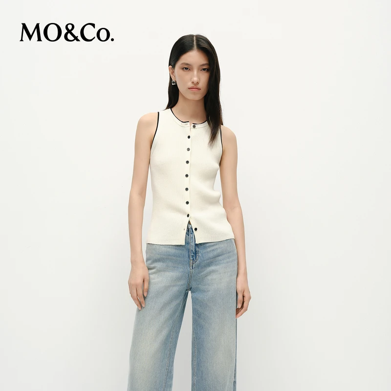MOCO针织衫背心2025春新品高含天丝撞色边圆领收腰修身MBE1SWTT07