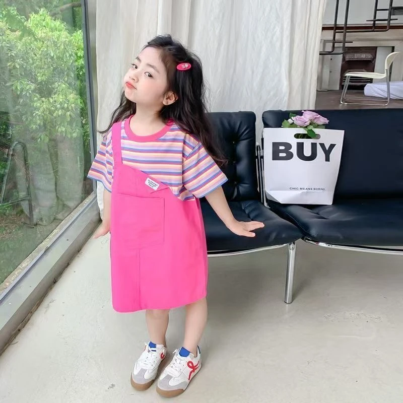 【纯棉】女童短袖连衣裙新款夏装背带裙夏季宝宝套装假两件裙子