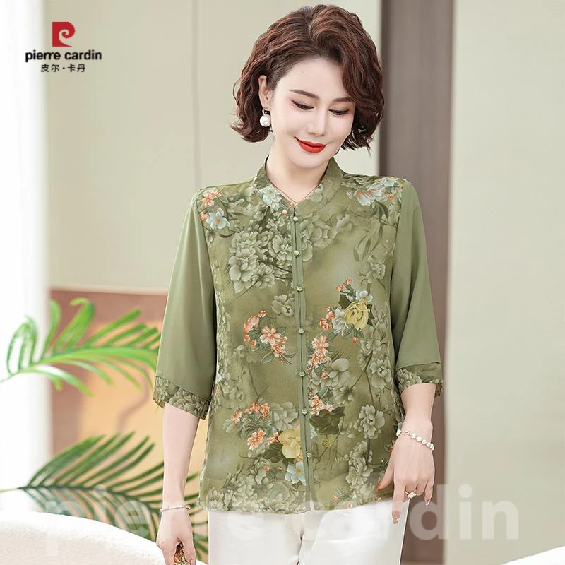 皮尔卡丹小个子妈妈新款仿桑蚕丝上衣新中式洋气夏季中老年女两件
