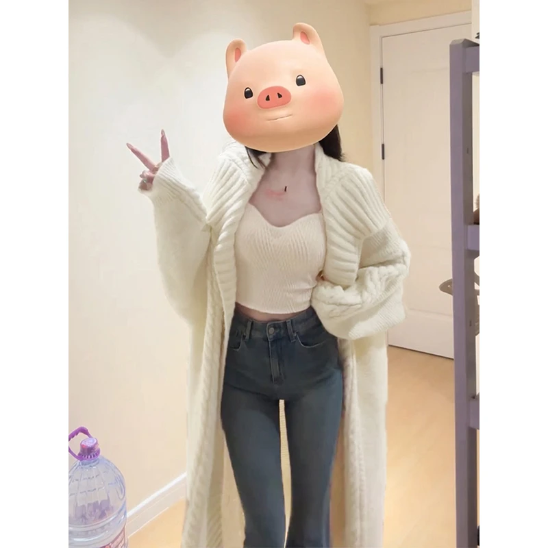 秋冬季简约纯色洋气高级感休闲百搭慵懒风米白色长款开衫针织外套