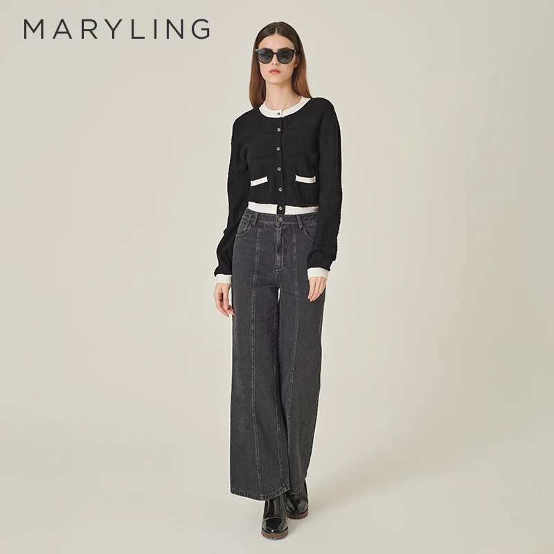 MARYLING玛俪琳秋季新品黑白撞色圆领针织开衫外套A1EFW09070