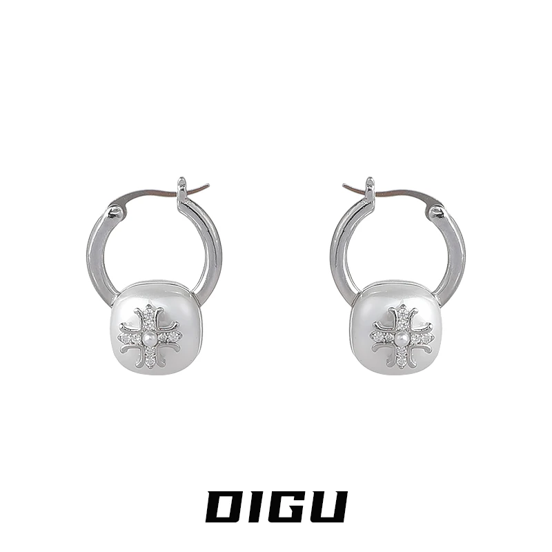 嘀咕家 铜合金合成锆石耳饰 个性镶钻十字架珍珠耳扣气质耳环耳饰