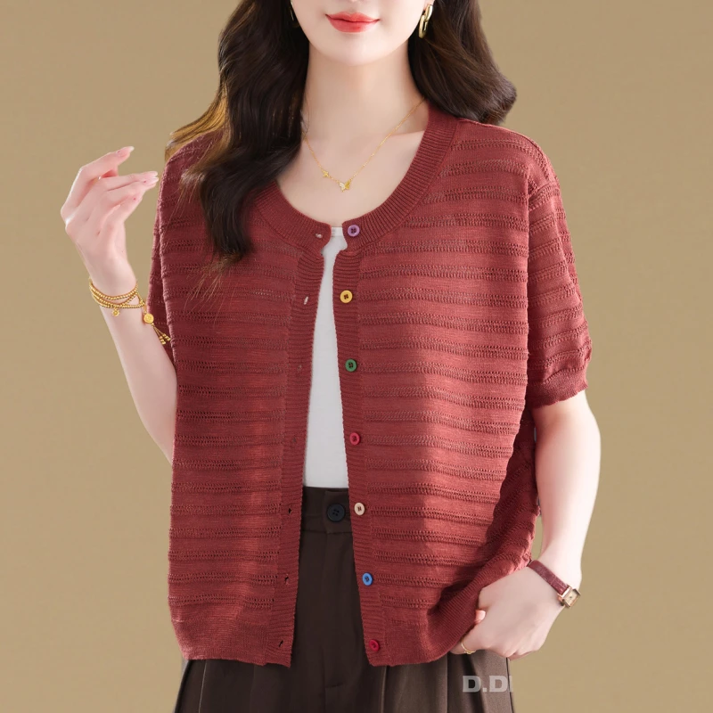 2025夏季新款大码针织开衫t恤女士短款宽松休闲短袖薄款半袖上衣