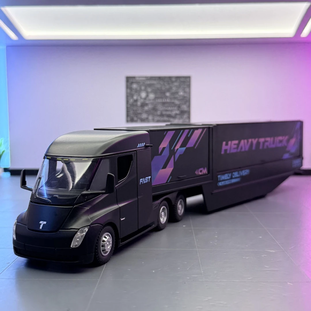 车致1:32合金特斯拉运输货柜汽车模型声光回力电动多功能玩具车适