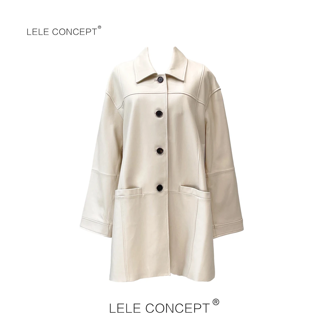 LELE CONCEPT｜【如一】高级感双兜翻领皮衣气质宽松中长款P0049