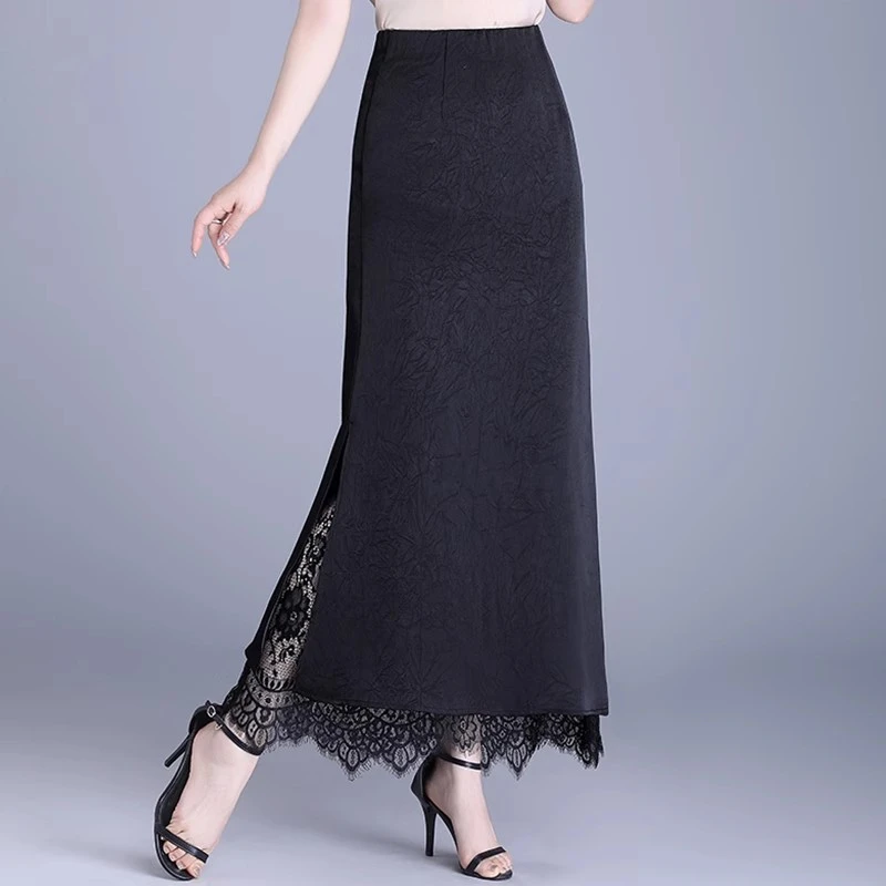 醋酸缎面半身裙夏季2025新款高腰A字裙蕾丝拼接开叉显瘦包臀长裙