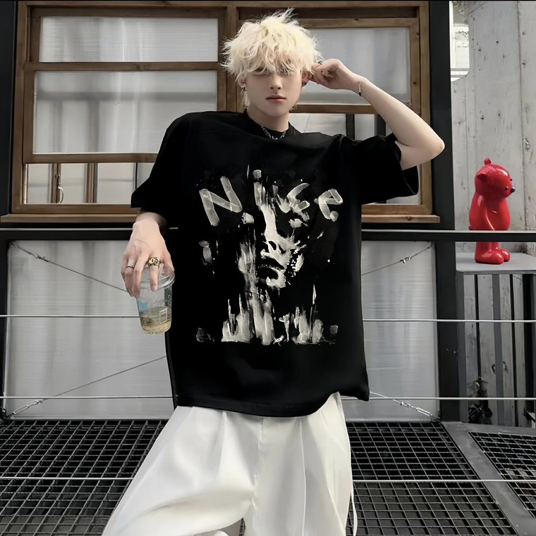 纯棉复古人像印花T恤宽松圆领半袖上衣男女同款夏季轻奢痞帅男装