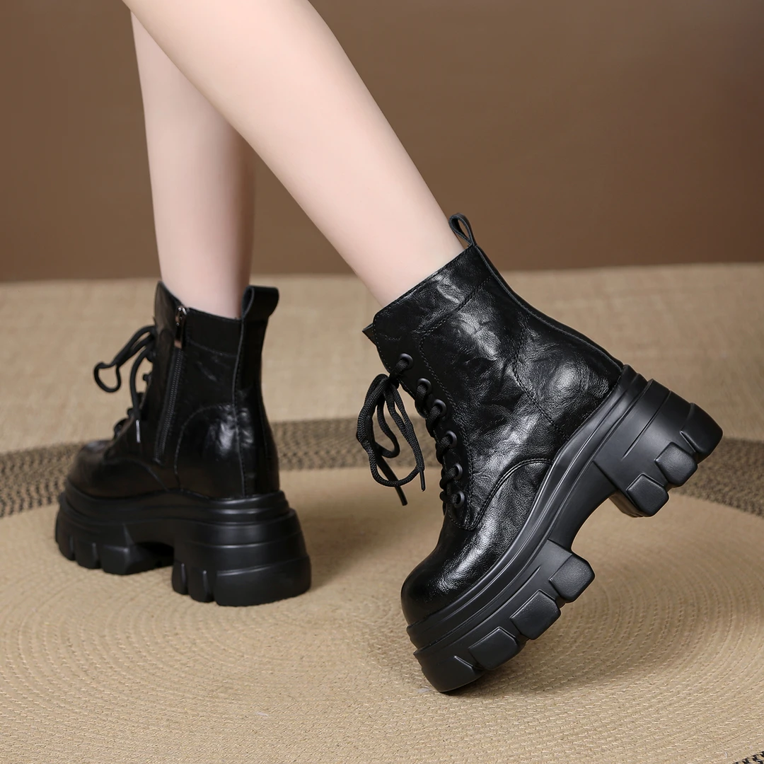 牛皮瘦瘦靴秋冬女鞋内增高秋季马丁靴单靴英伦风