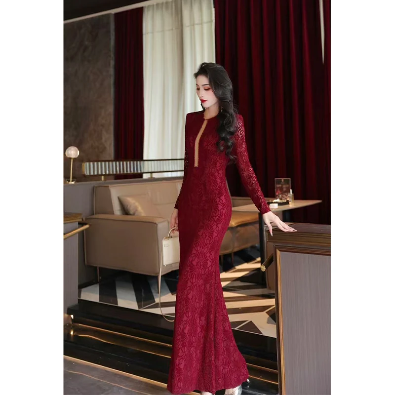 尤克菲儿 原创高定轻奢蕾丝优雅秋季长裙气质包臀连衣裙