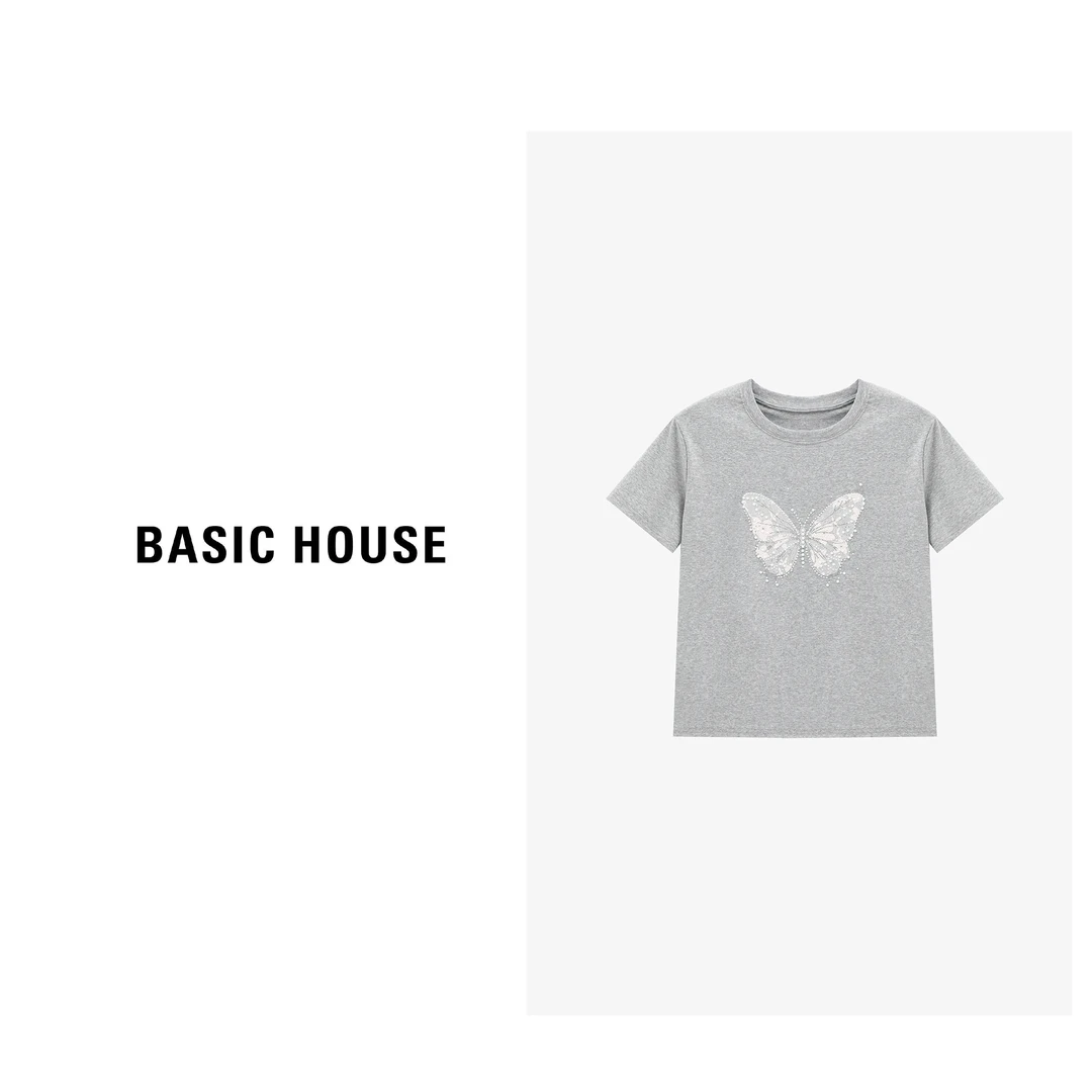 Basic House/百家好珠绣蕾丝针织衫夏季优雅甜美T恤-B0625B5T372