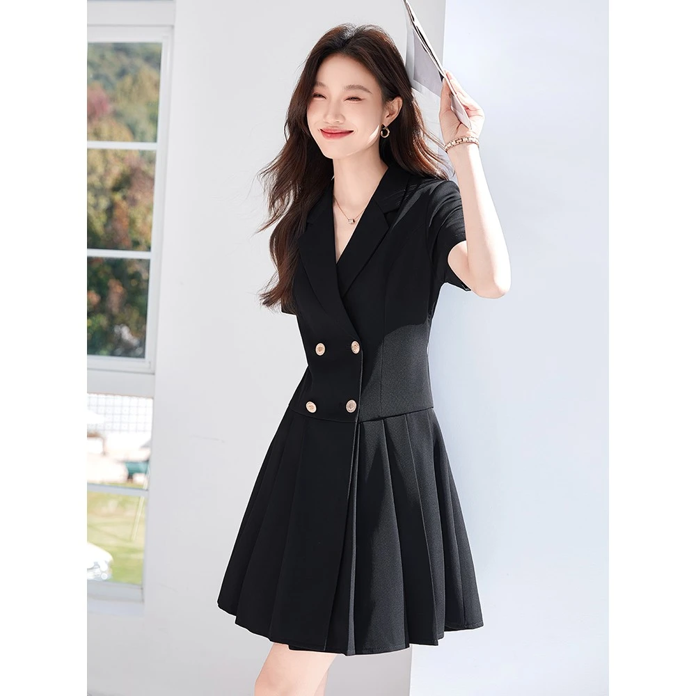 黑色短袖西装连衣裙女夏季薄款2025新款职业气质高级感正装西服裙