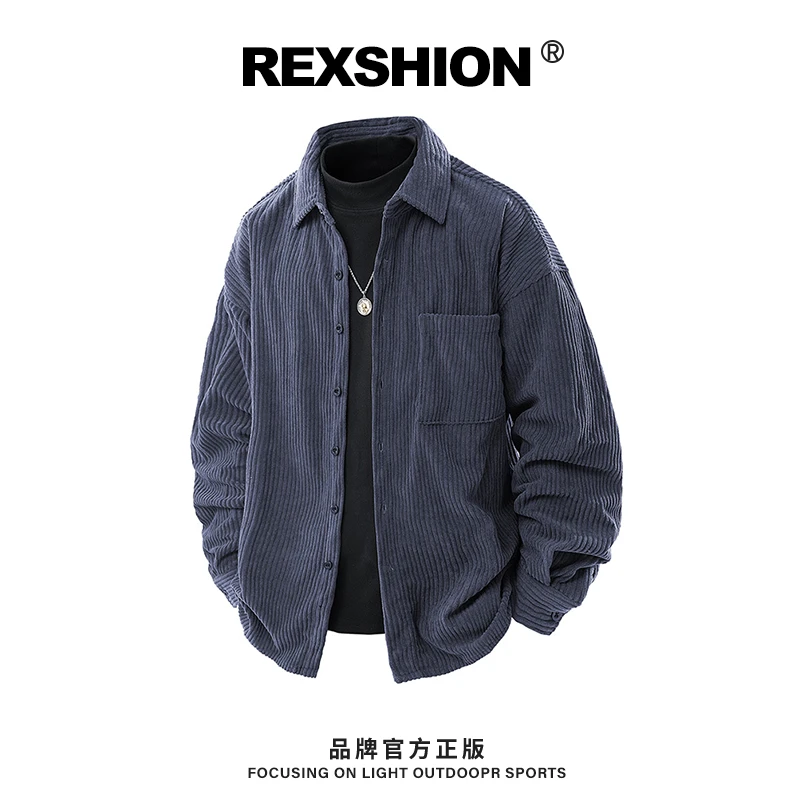 REXSHION秋季新款日系复古风潮流休闲宽松男翻领条纹百搭衬衫外套