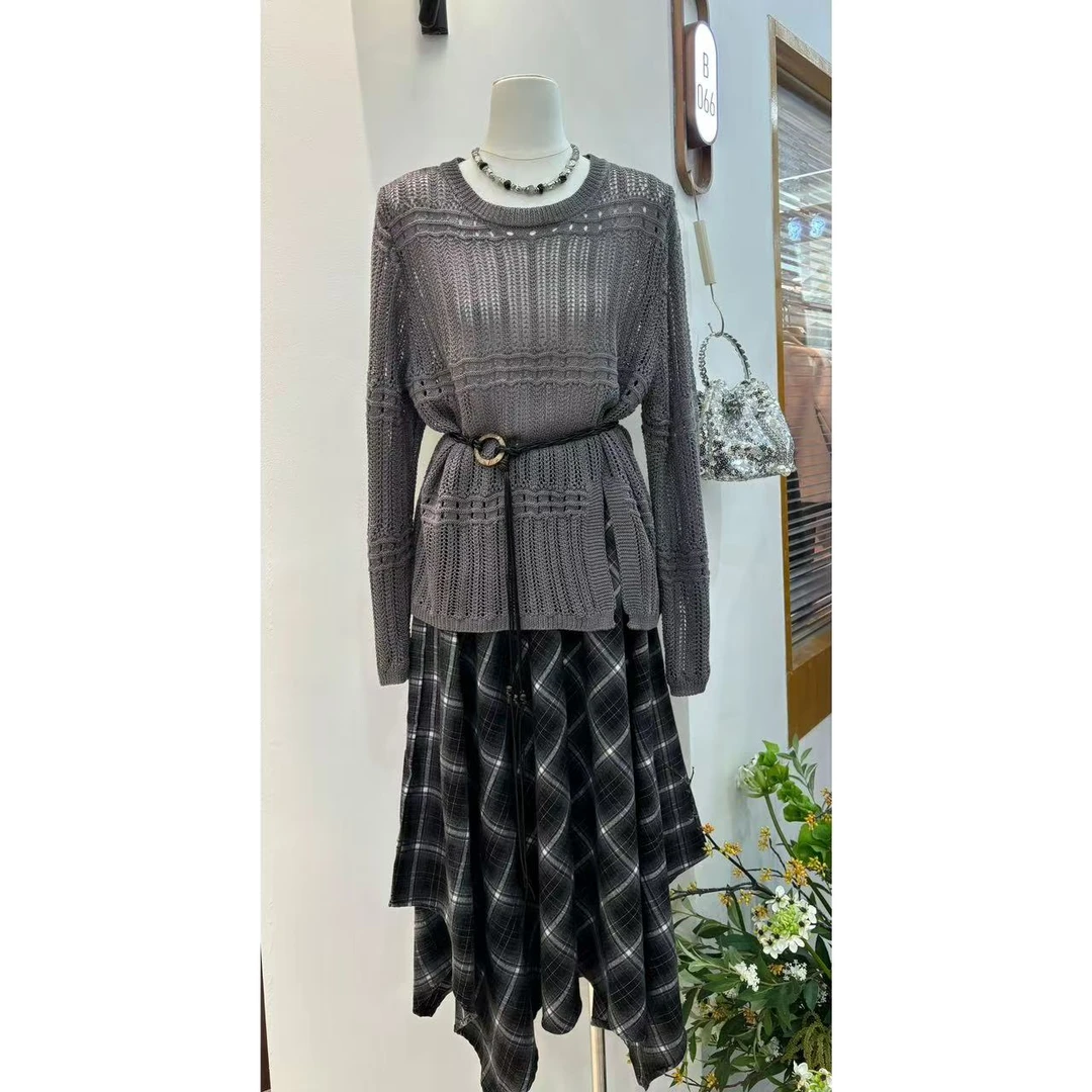 胸100-160长68宽松大版镂空长袖纯色百搭套头针织上衣 1895