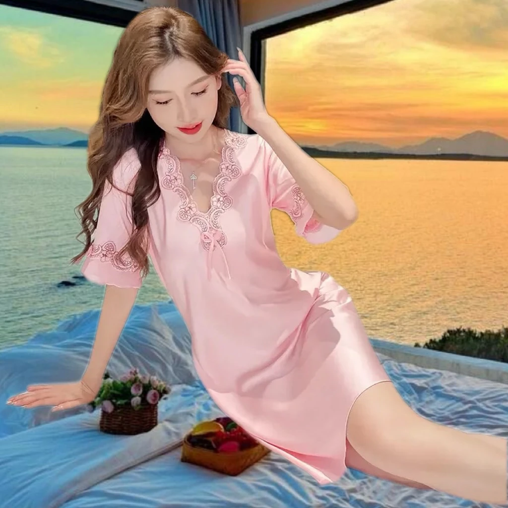 【裸感透气】高档冰丝薄款睡裙蕾丝冰爽连衣裙性感迷人大码宽松居家