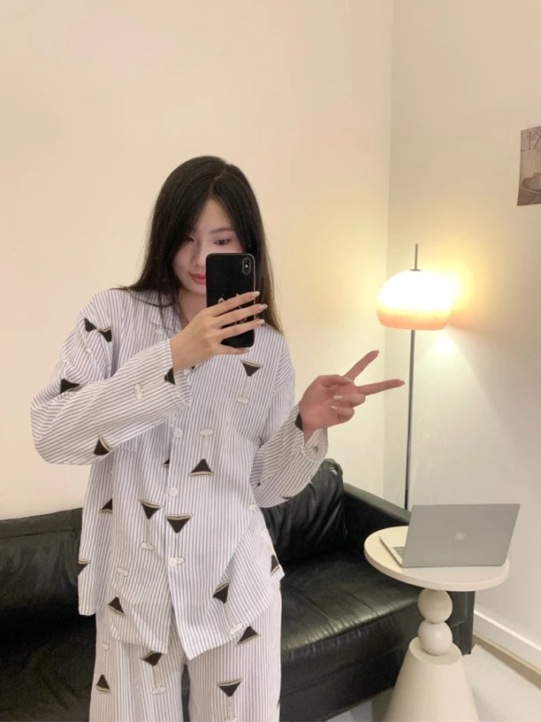 韩版ins新款秋冬季简约条纹长袖长裤女亲肤舒适家居服套装可外穿