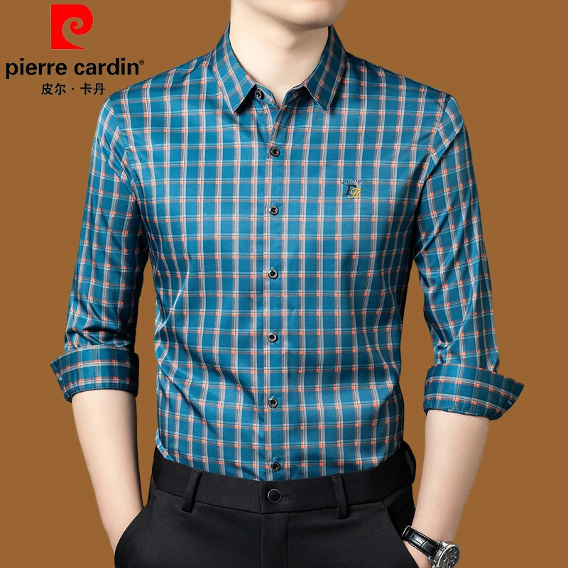 皮尔卡丹正品男士长袖衬衫春秋新款时尚休闲薄款格子高档免烫衬衣