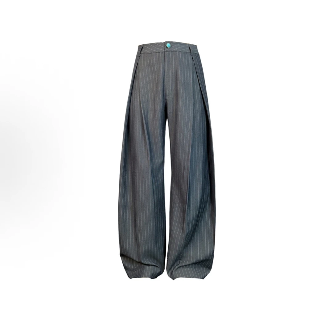 soldixz双A打褶灰色高腰垂感条纹休闲阔腿春秋新款高级感拖地裤