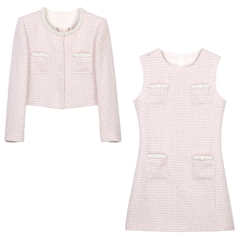 粉色小香风粗花呢套装重工短外套+收腰连衣裙T2909