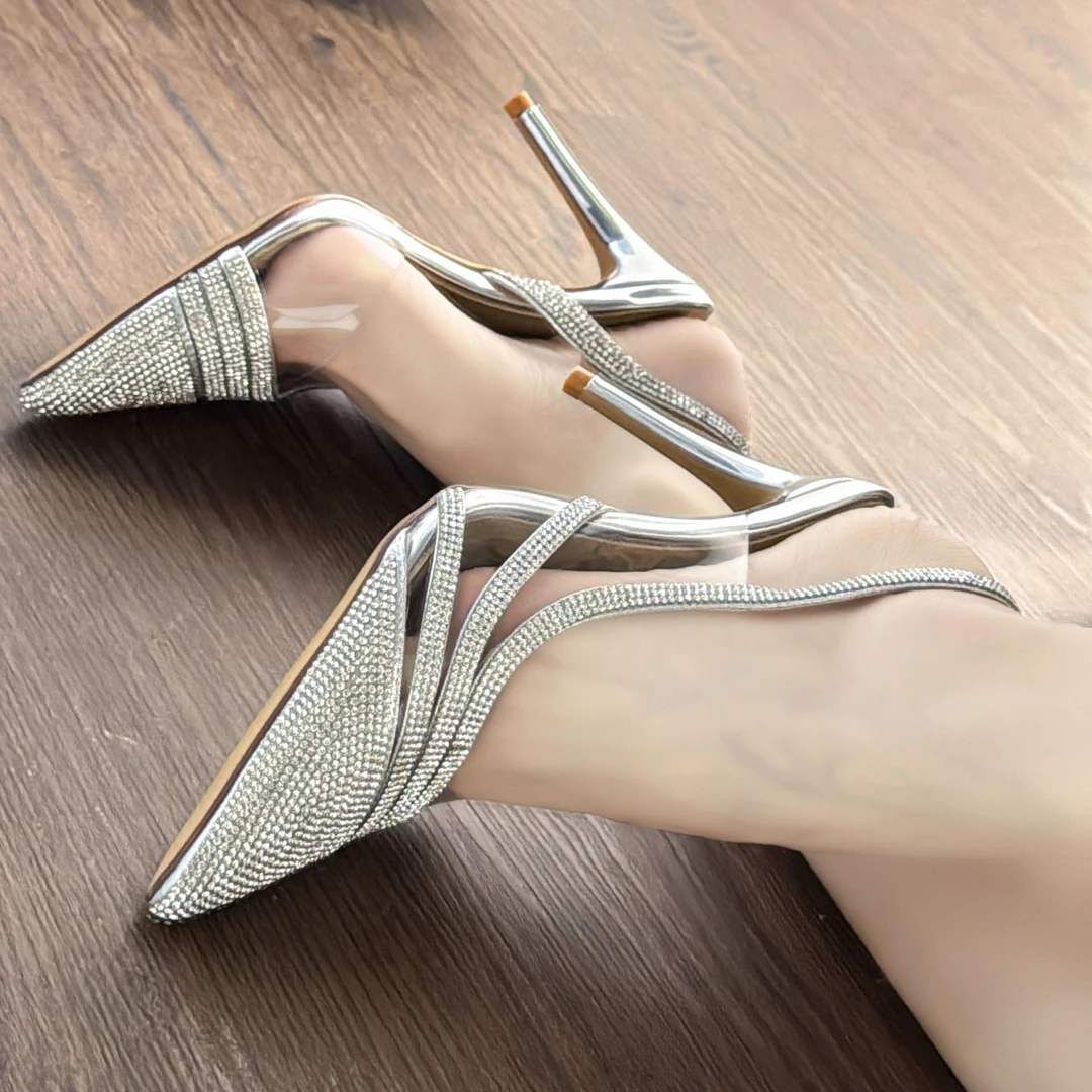 水钻高跟鞋女2025夏季新款包头细跟银色单鞋透明后空浅口尖头凉鞋