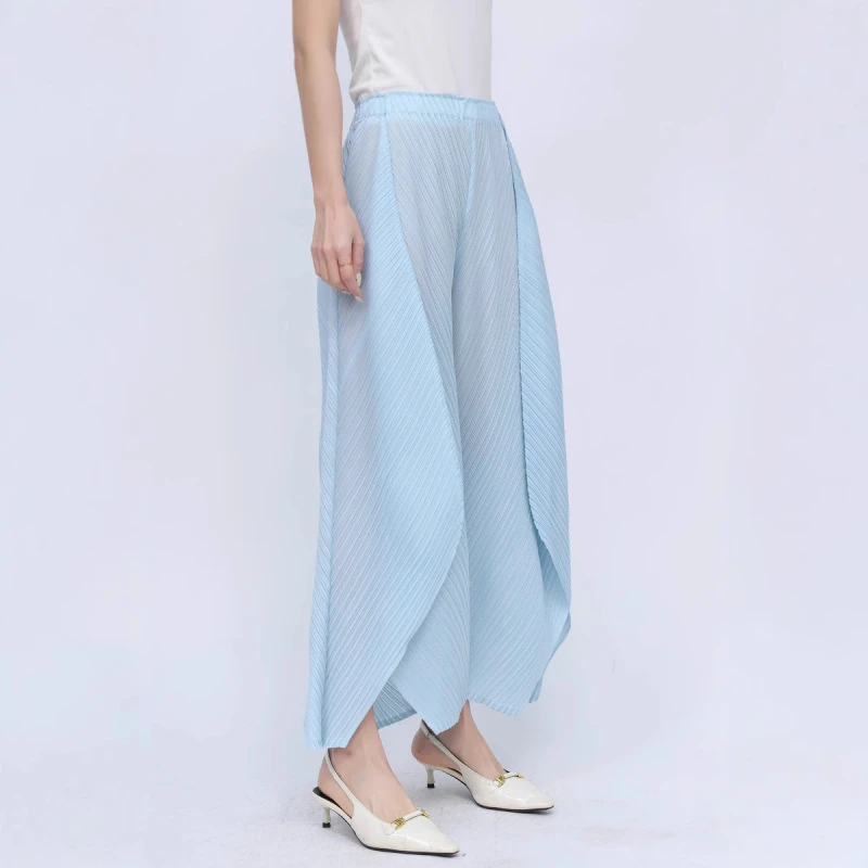 三宅春新褶皱开叉阔腿裤大码百搭时尚个性款宽松薄款显瘦七分裤