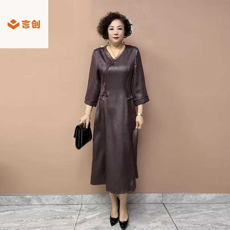 330新中式改良旗袍连衣裙夏季新款中年妈妈中袖大码遮肚显瘦长裙