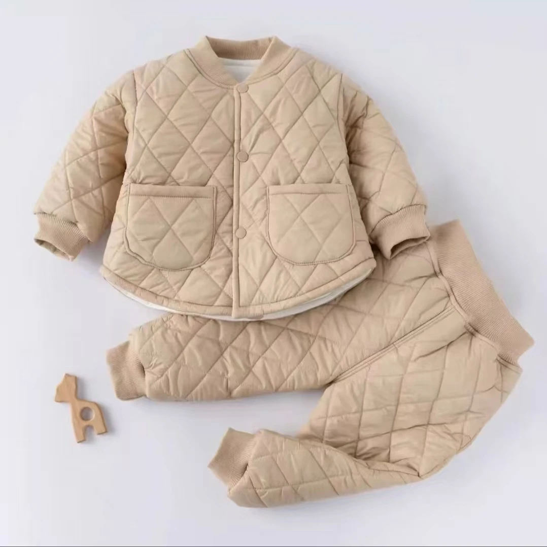 菱形格套装婴儿宝宝夹棉保暖防风外出服无骨两用裆连体衣