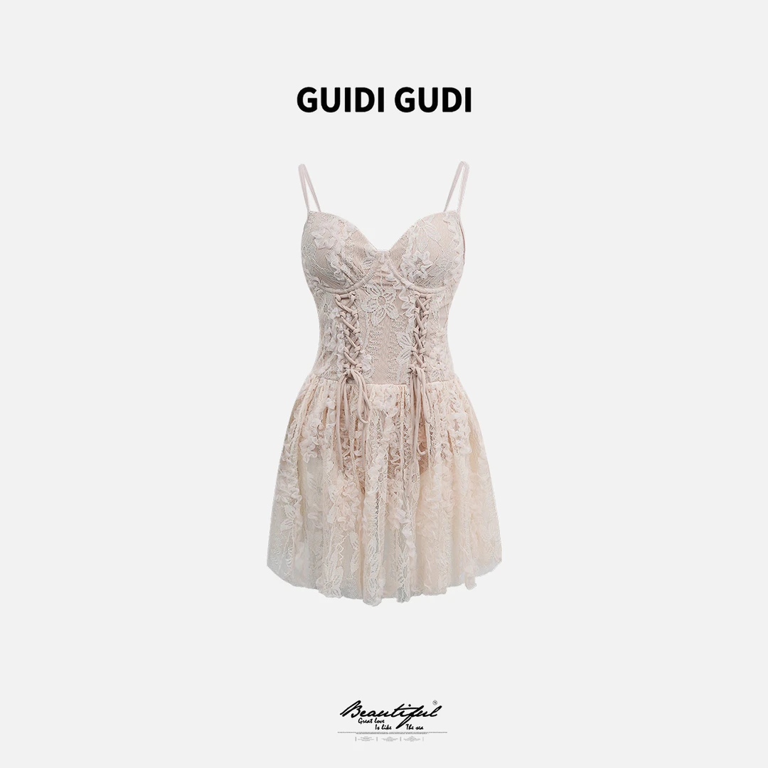 GUIDI GUDI【树上花】黄加蓝重工蕾丝吊带连衣裙 L9520214H