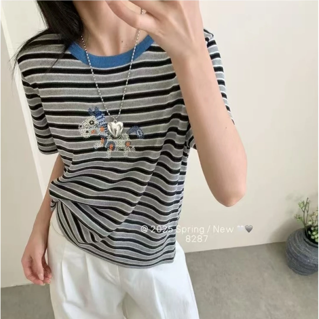 【亚麻+天丝】夏季新款刺绣撞色条纹欧货针织衫短袖t恤上衣女女款