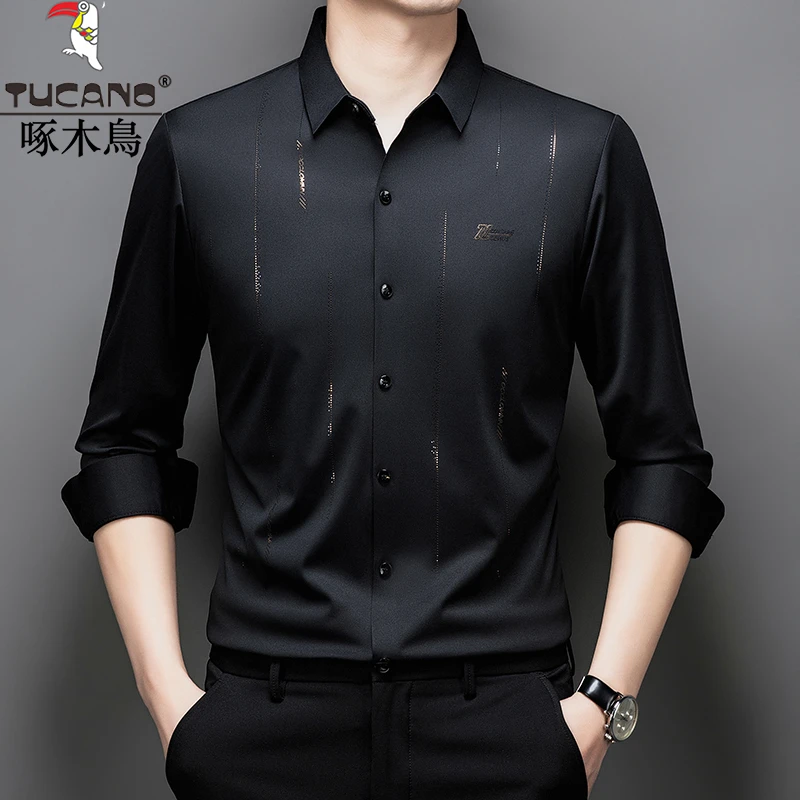 啄木鸟男士春夏高档冰丝无痕免烫长袖衬衫商务休闲抗皱弹力衬衫男