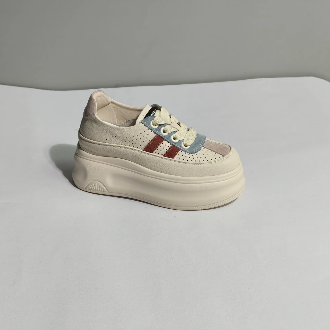 8公分松糕软底板鞋女透气镂空厚底增高低帮系带圆头时尚女鞋