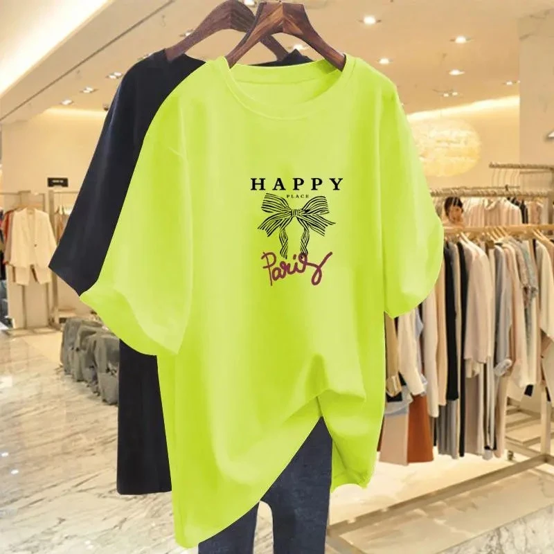 韩版小个子新款纯棉荧光绿短袖t恤女中长款2026夏季半袖体恤上衣